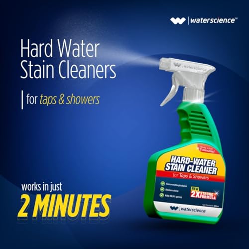 Image of WaterScience Tap Cleaner and Limescale Remover | Stain Cleaner for Kitchen & Bathroom| Hard Water Stain Remover Spray for Taps, Showers, Faucets, Washin Basin | 500 ml Value Pack