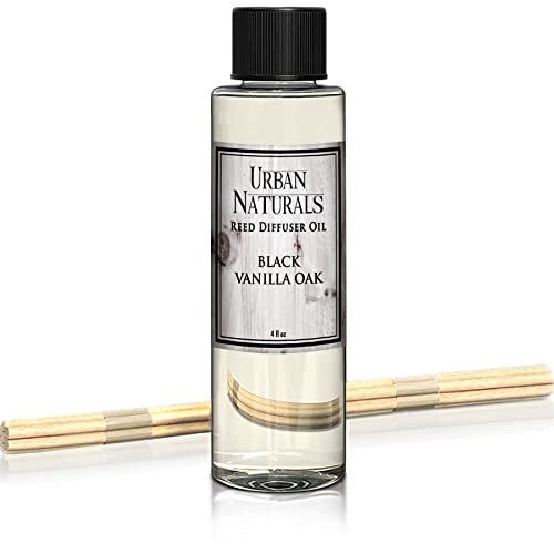 Urban Naturals Black Vanilla Oak Scented Oil Reed Diffuser Refill. Free Set of Reed Sticks, with Warm Vanilla, Oak, Cedar, Patchouli and Musk Scent Notes. A Sensual, Aromatic Home Fragrance, 4 oz