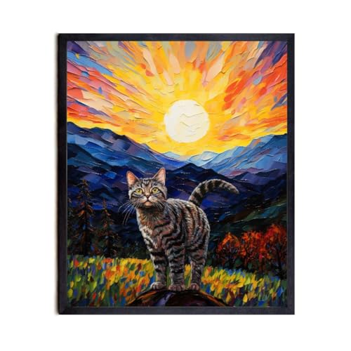 Bestbuddy Pet 8X10 Unframed Starry Night Inspired Grey Tabby Cat Peace Love Family Animal Pet Oil Painting Art Print Poster Wall Decor AP210