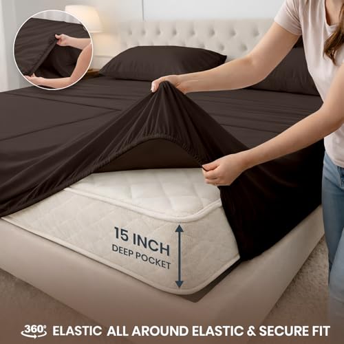 Image of SGI Split King Sheet Set for Adjustable Bed Egyptian Premium Cotton 600 Thread Count Sheets for Sleep Number Bed 15 inch Deep Pocket 5 Pc Set with 2 Twin XL Fitted Sheets Soft Breathable -Chocolate