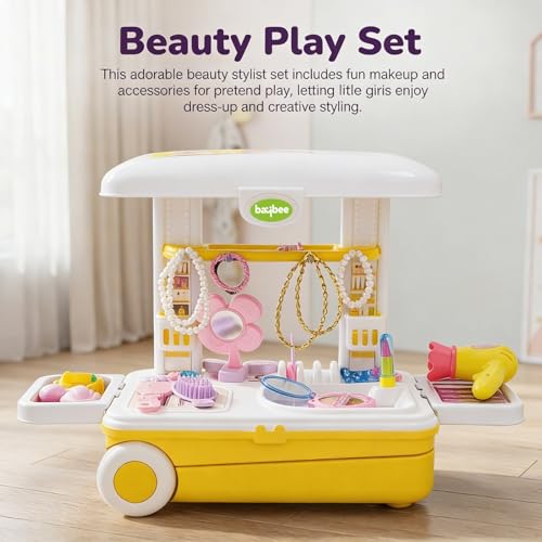 Image of Baybee Beauty Set Toys for Girls | Kids Makeup Set with Trolley Suitcase, Pretend Role Play Toys with Make up Table, Hair Accessories & Styling Tools, Portable Toy Set for Girls 3+ Years (Yellow)