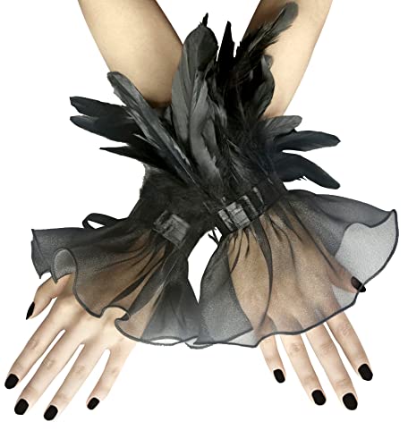 UQJE 2 Pcs Womens Black Feather Gloves Gothic Lace Long Gloves Cuff Witch Angel Costume Accessories for Wedding Halloween Party