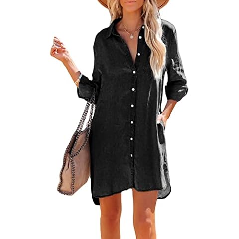 Paintcolors Women's Long Sleeve Silk Denim Button Up Shirt Dresses Oversized Tunics Cover-ups Blouse Tops with Pockets-Black_b16 L Cover
