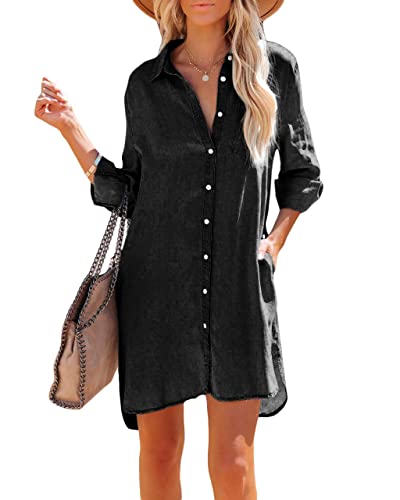 Image of Paintcolors Women's Long Sleeve Silk Denim Button Up Dresses Shirt Tunics Cover-ups Oversized Blouse Tops with Pockets