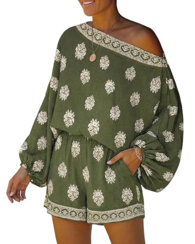 CHICME Women's 2 Piece Boho Outfit Lantern Sleeve Linen Top