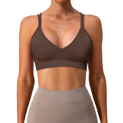 Image of Sports Bra for Women V-Neck Strappy Criss Cross Yoga Bra Padded Medium Support Workout Gym Athletic Fitness Bras 3 Pack