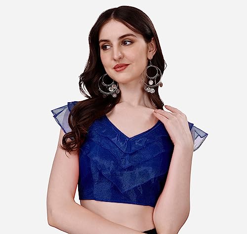 Image of Pujia Mills Women's V Neck Orgenza Three Layer Ruffle Sleeve Frill Readymade Saree Blouse