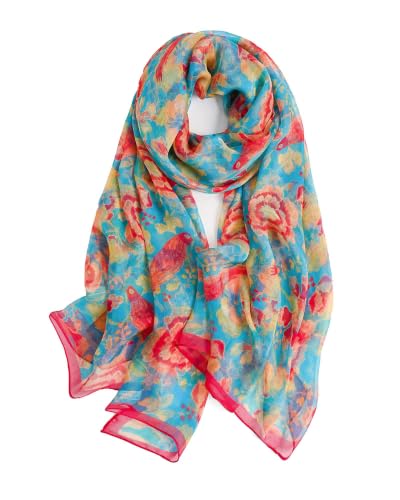 Taseson 100% Mulberry Silk Scarf for Women, Lightweight Large Silk Chiffon Shawl Wraps Sheer Neck Scarf Teal Blue Pink Bird Peony Floral Gift Packed