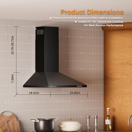 Image of 24 Inch Wall Mount Range Hood Ducted /Ductless Convertible Kitchen Exhaust Hood with 450 CFM Motor, 3 Speed Fan, LED Lighting and Dishwasher Safe Filters, Matte Black Painted Finish