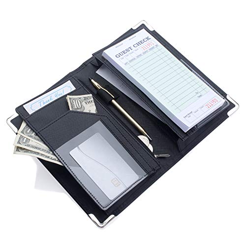 Flash Deals - 60% OFF Sonic Server 11-Pocket Server Book Organizer with Double Magnetic Pockets, Zipper Pouch for Waitress Waiter Waitstaff  Marble and Cross-Textured (5x8 Black, Cross-Textured PU Leather)