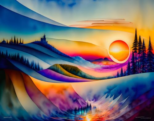 Poster coucher de soleil aquarelle patchwork SERENDIPITP toile 58x90cm