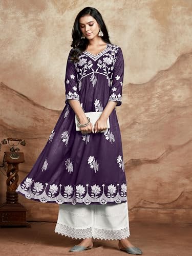 Image of EthnicJunction Women's Silk Blend Regular Fit Chikankari Embroidered Naira Cut Kurta