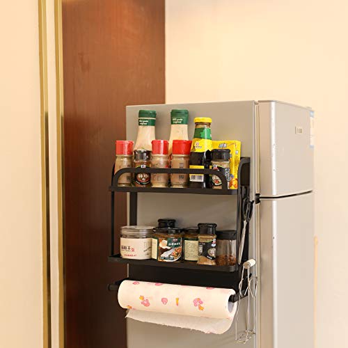 Ycoco Magnetic Spice Rack Organizer 2 Tier Refrigerator Storage Shelf With Paper Towel Holder And Removable Hooks,Magnetic Paper Towel Holder Rack,Black #TOP2