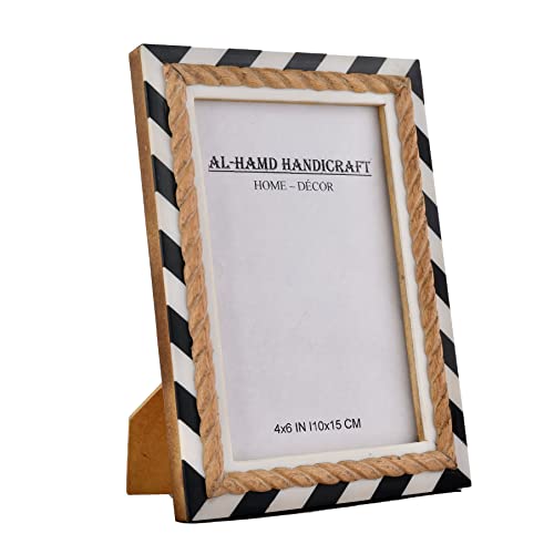 Al-Hamd Handicraft Black White Chevron Picture Frame -Mosaic Moroccan Pattern Resin Inlay Handmade - Hang Or Sit 4X6 Inch #TOP2