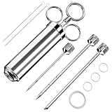 🥩【Segura y Saludable】Todos los componentes son reconocidos como seguros, acero inoxidable 304 para jeringas de carne y agujas; aleación de zinc para la manija y la parte superior del inyector; material de silicona seguro para sellos; mantenga a su fa...