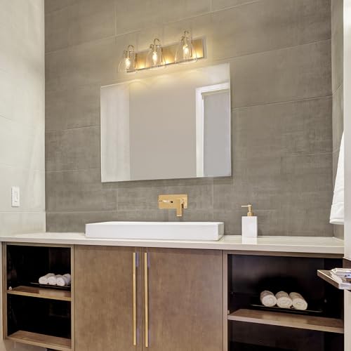 Image of KSANA Gold Bathroom Light Fixtures, 22'' Modern Vanity Lights with Clear Bell-Shaped Glass Shade, 3-Light Bathroom Lighting Over Mirror