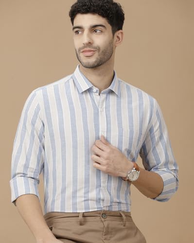 Image of Cavallo by Linen Club Men's Blended Linen Blue Striped Full Sleeve Casual Shirt