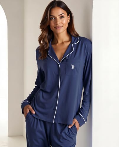 Image of U.S. POLO ASSN. Womens Lightweight Notch Collar Pajama Set | Classic Button Down Pajamas for Women with Long Sleeve Top and Pajama Pants