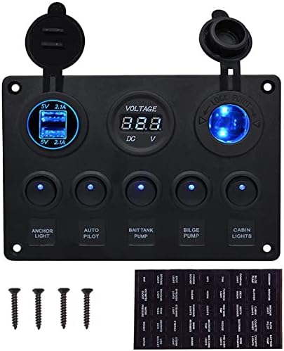 12V/24V Toggle Switch Panel IP65 Waterproof, 5 Gang Car Rocker Switches for Car Boat RV Vehicles Truck Marine, Dual USB Charger Port 4.2A+Lighter Socket+Digital Voltmeter Display, Blue