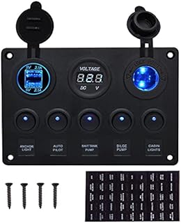 12V/24V Toggle Switch Panel IP65 Waterproof, 5 Gang Car Rocker Switches for Car Boat RV Vehicles Truck Marine, Dual USB Charger Port 4.2A+Lighter Socket+Digital Voltmeter Display, Blue