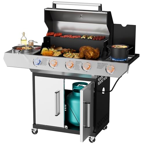 SKOK Led 4-Burner Gas BBQ Grill with Side Burner Led Knob, Barbecue Grill with Porcelain-Enameled Cast Iron Grates, 60,000 BTU Stainless Steel Propane Grill 629 Sq. In. Grilling Area