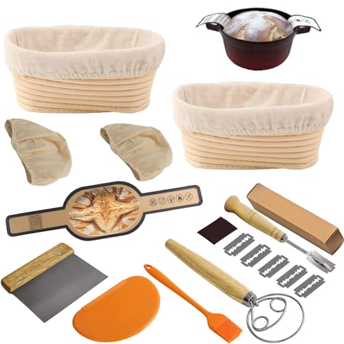 Set de 8 herramientas para hacer pan de masa madre – 2 cestas de fermentación ovaladas de 25 cm, bandeja de silicona, batidor danés, raspador, brocha y más