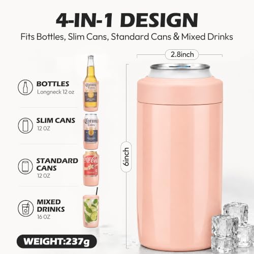 Image of 4-in-1 Slim Can Cooler Easy to Hold Insulated Beer Can Holder Double-walled Stainless Steel for All 12 Oz Cans Gift (Jelly Pink)