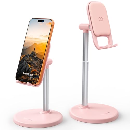 【最大27.5cm】高さ調整 スマホスタンド アルミ Lamicall : 卓上 伸縮 角度 携帯 置き すまほ 立て アイフォン 台 机 デスク 縦 横 滑り止め 取付簡単 ABS 頑丈 アンドロイド iPhone 17e 17 Air 16e 16 15 14 plus pro max 13 mini 12 プロ マックス se Huawei Xperia android に対応 ピンク