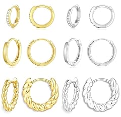 3 Pairs Gold and Silver CZ+Smooth+Twisted Huggie Earrings