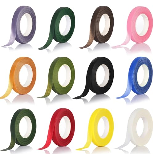 Arcemain 12 Rolls Colorful Floral Tape, Stem Wrap Tape Bouquet Wrap Tape for Bouquet Stem Wrapping, Floral Arrangement and Crafts, 0.47 Inches x 30 Yards Each Roll