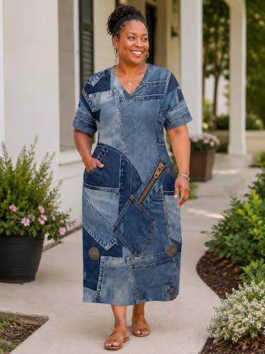Image of Plus Size Maxi Dress for Women Short Sleeve V Neck Casual Loose Sundress with Pockets