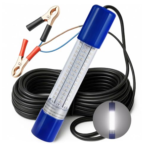 Underwater Fishing Light, White Fishing Light, 12V-24V Dual Voltage, 26ft Cable, IP68 Waterproof, for Boat, Ice, Dock, Saltwater and Freshwater Fishing