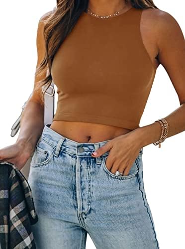 Women’s Sexy Sleeveless High Neck Racerback Cropped Tank Tops Cute Teen Girls Halter Neck Crop Tops Vest Brown Large