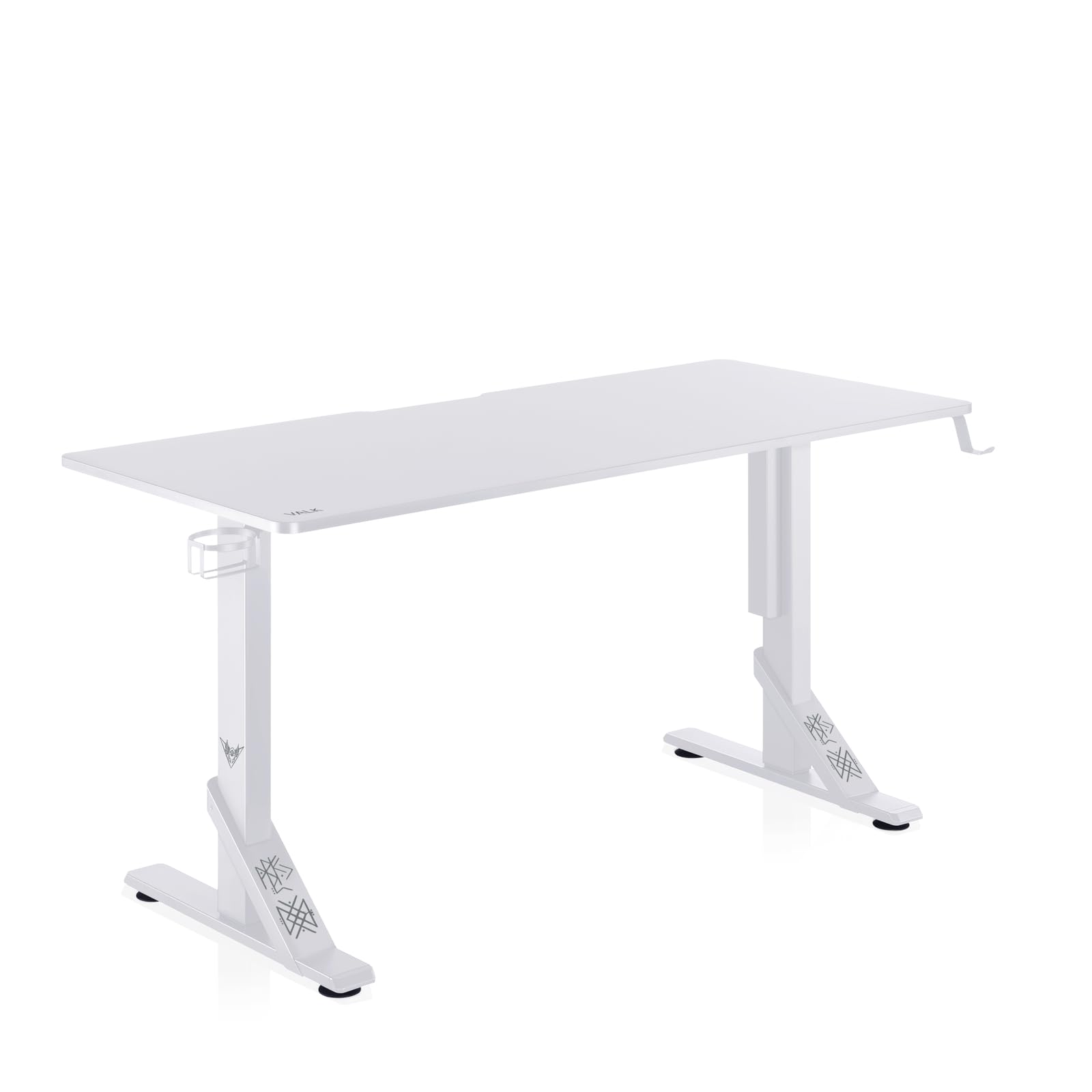 VALK Skuld - Mesa Gaming 136x60cm, Altura Regulable, Gestión de Cables, Mesa Escritorio Solida y Elegante, hasta 100kg, Accesorios para Vasos y Auriculares, Creada en España (Blanca)