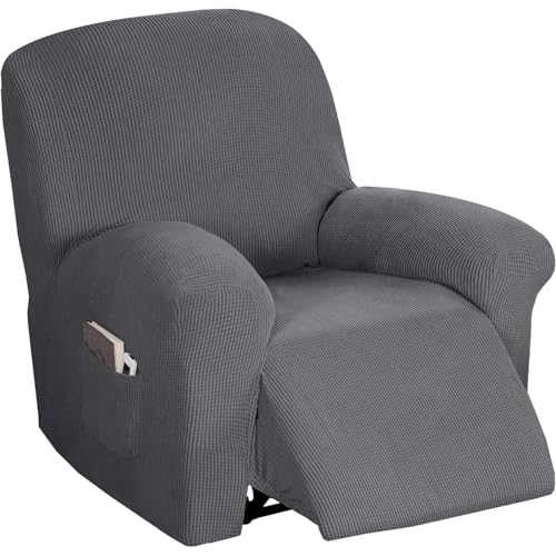 Flamingo P Stretch Recliner Chair Cover Recliner Cover for Electric/Manual Style | Furniture Cover for Reclining with Side Pocket, Soft Checked Jacquard Fabric Form Fitted Standard/Oversized - Grey