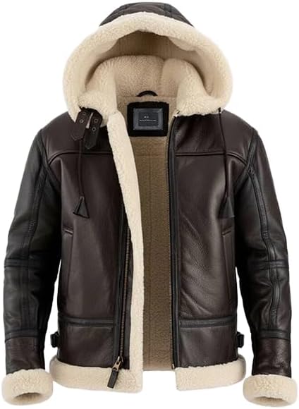 Men B3 Brown Bomber Removable Hood Real Shearling Sheepskin Leather Aviator Flight Jacket