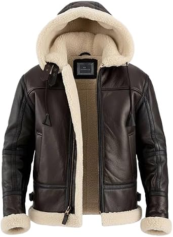 Men B3 Brown Bomber Removable Hood Real Shearling Sheepskin Leather Aviator Flight Jacket