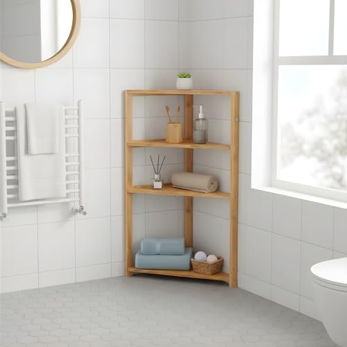 THINIA HOME - Estantería Esquinera de Bambú Natural con 3 Estantes, Mueble Auxiliar para Baño, Cocina, Salón U Oficina, Estilo Nórdico, 36.6x33.5x80 cm - imagen 6
