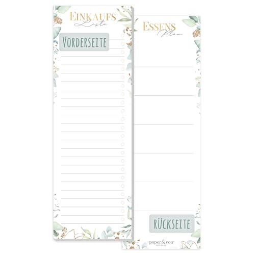 paper&you® Einkaufsliste Block 'Blattgold' mit Magnet, 50 Blatt im Hochformat - Einkaufszettel Notizblock inkl. Essensplaner auf der Rückseite - nachhaltig & klimafreundlich