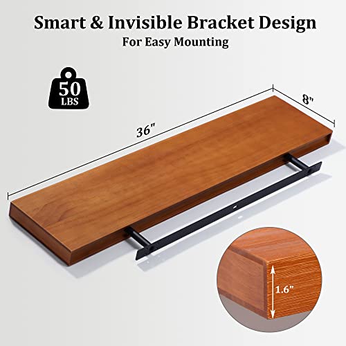 Farmhouse Rustic Floating Shelves, 8 Inch Deep Shelves For Wall Mounted, Large Floating Shelves For Home Decor & Storage, Heavy Duty Bracket, Honey Oak Color, 36"W X 8"L X1.6"H, Set Of 2 #TOP2