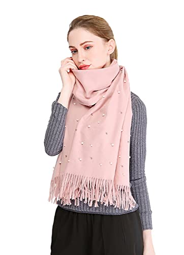 Women Cashmere Scarves Shawl With Artificial Pearls, Winter Warm Pashmina Shawl Wrap Soft Long Scarf
