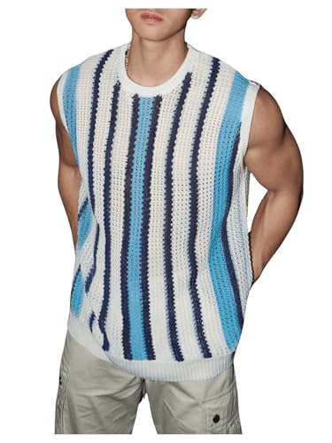 Floerns Men's Striped Crochet Knit Sweater Vest Crew Neck Pullover Top