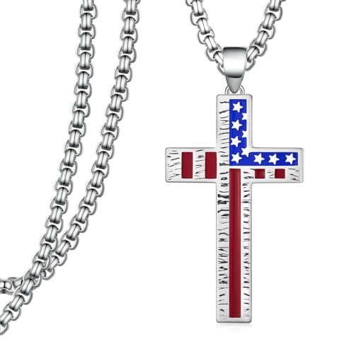 925 Sterling Silver American Flag Cross Necklace For Men Mens Faith-Based Pendant Patriotic Military Gifts Christian Jewelry ForVeterans