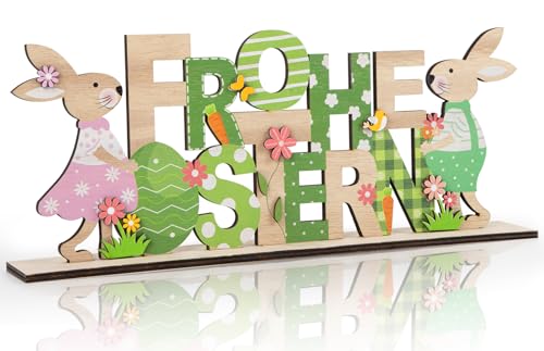 Ostern Deko Hase, Deko Aufsteller für Ostern mit Schriftzug und Osterhase, Osterdekoration aus Holz für Tischdeko Ostern Frühling