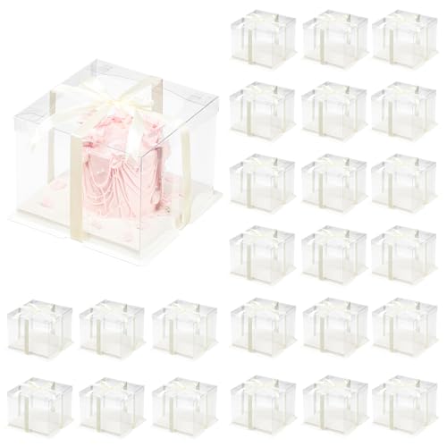 FZJ 24 Pcs Clear Gift Box with Ribbon 2-Layer 6.7x6.7x7.8