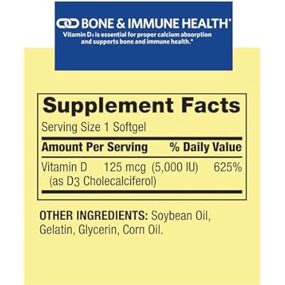 1 Pack Vitamin D3 Softgels, Vitamin D3 125MCG 5000 IU, 250 Count Includes +(Vitamin Guide)