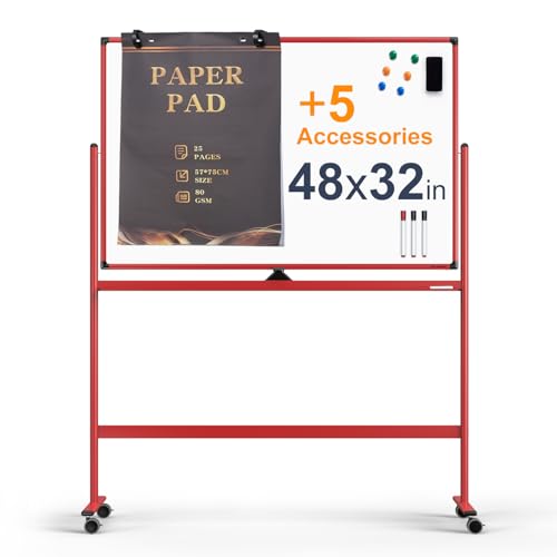 Image of Large Dry-Erase Rolling Magnetic Whiteboard - 48 x 32 Inches Dry Erase Board with Stand Height Adjust Double Sides Mobile White Board Easel on Wheels with 25 Sheets Paper Pad Office, Home & Classroom