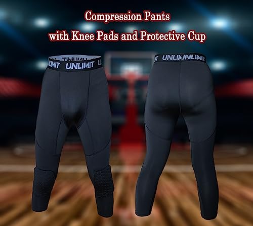 Compression Pants with Knee Pads and Protective Cup for Mens in Baseball Football Lacrosse MMA Basketball and Hockey, Black.3