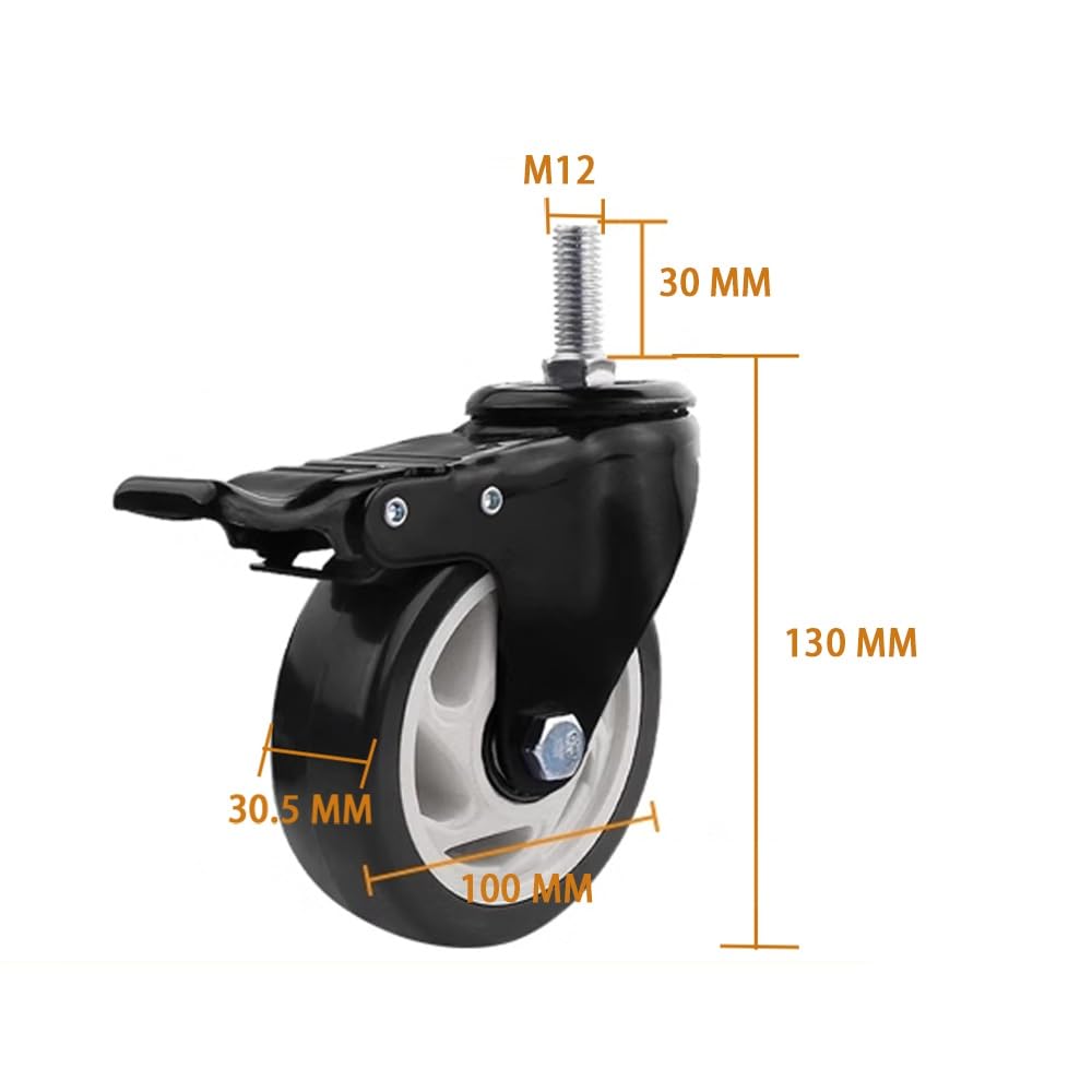 Pesanti PU Ruote in Gomma 4 Pezzi, 4 Pollice Ruote Pivottanti con Freni, M12 Stelo Filettato Ruote per Carrelli, Scaffali(with Brake)