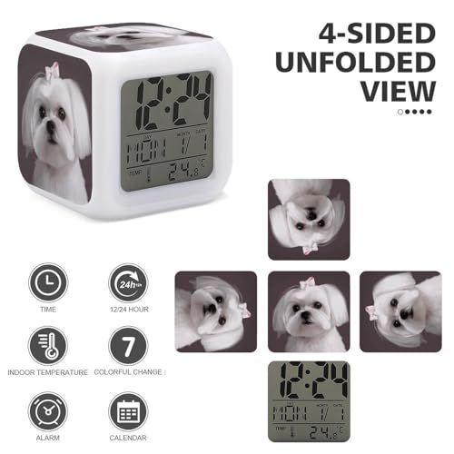 Reloj de mesita de noche con luz multicolor LED de perro maltés para dormitorio 4